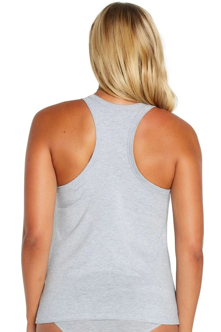 Back view of woman in heather gray Pima cotton racerback sleepwear tank top