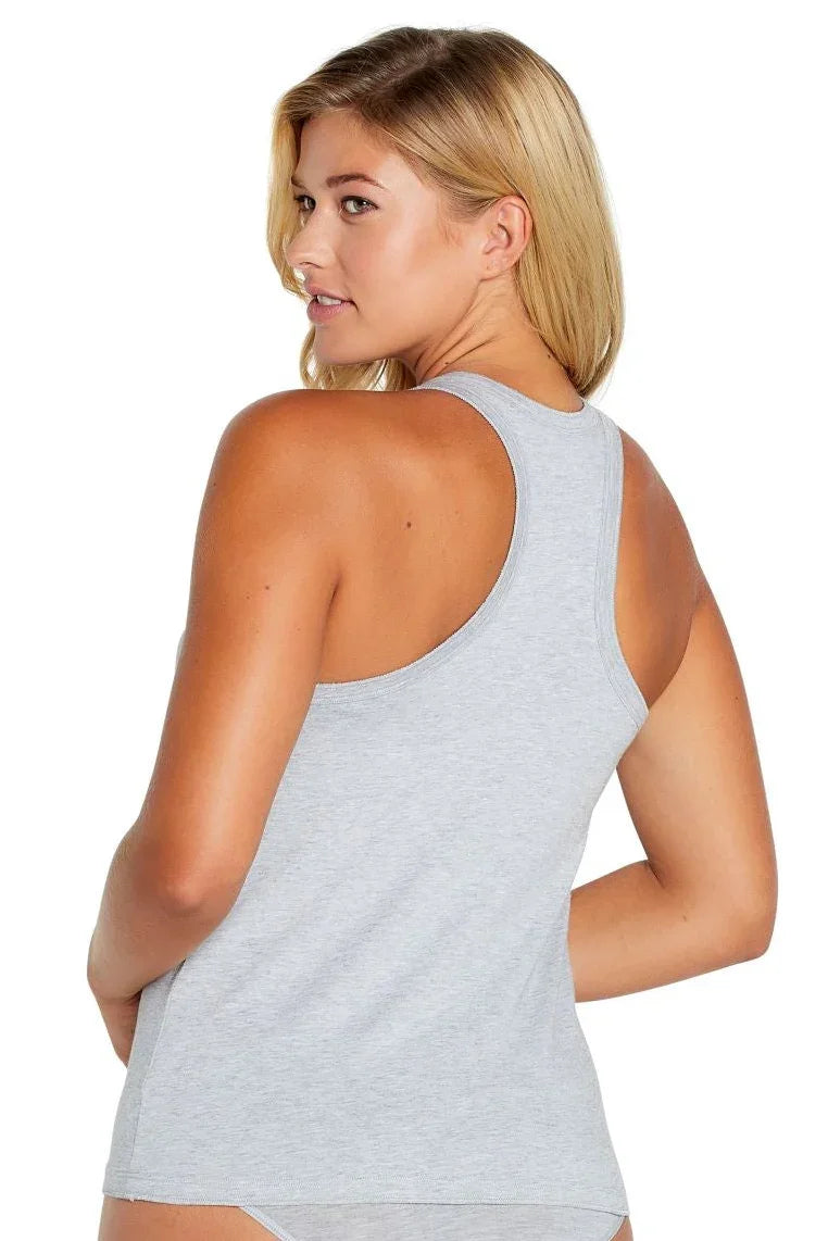Woman wearing heather gray Pima cotton racerback sleepwear tank top, back view