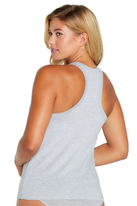 Woman wearing heather gray Pima cotton racerback sleepwear tank top, back view