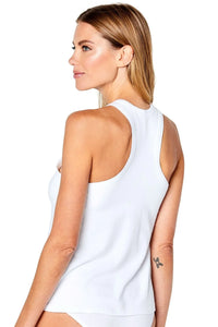 Woman wearing white Pima cotton racerback tank top and underwear, back view, on white background