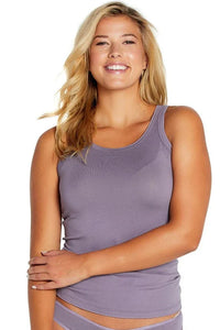 Woman wearing a lavender Pima cotton tank top and matching loungewear, smiling