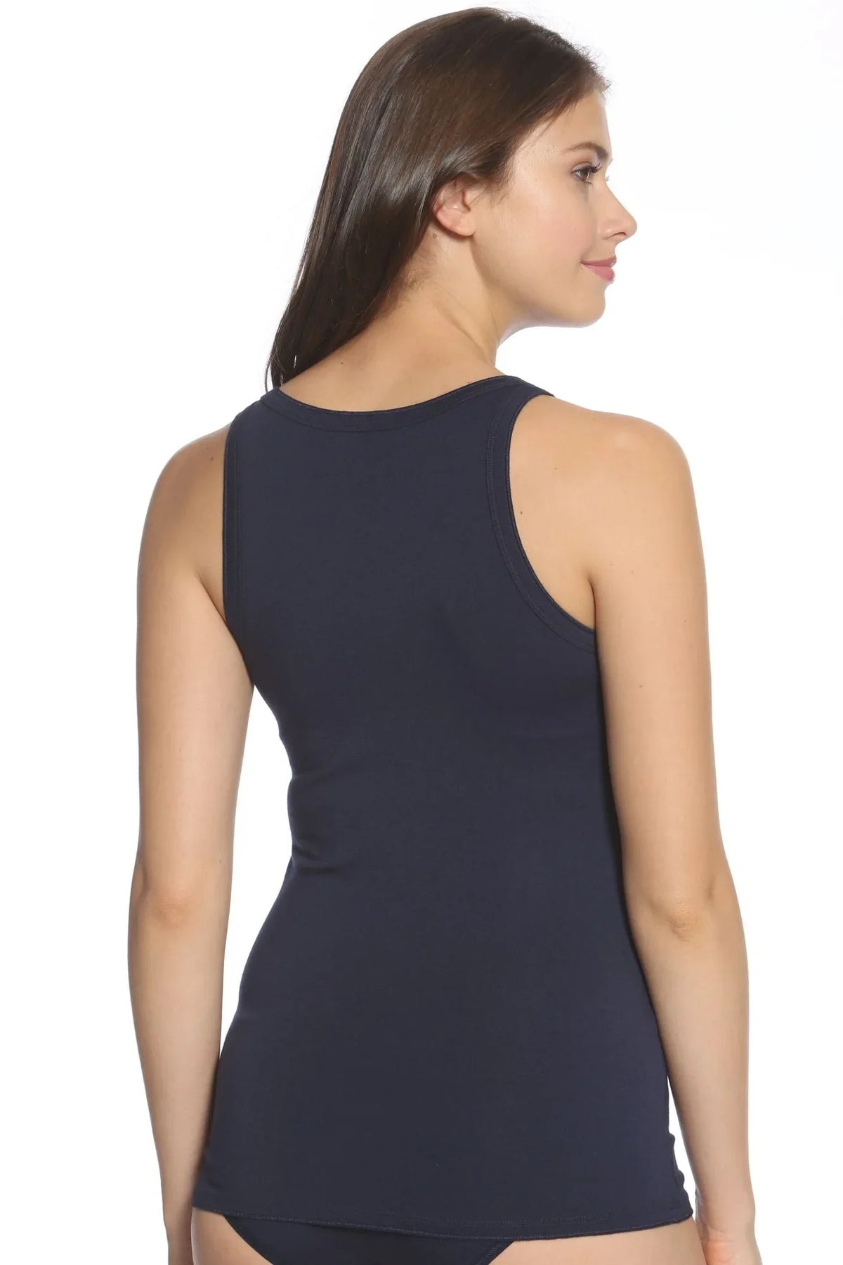 Woman wearing midnight blue Pima cotton tank top loungewear, back view