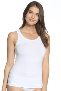 Woman wearing a white Pima cotton tank top loungewear on a plain background