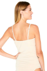 Woman in champagne beige camisole with adjustable straps, back view, loungewear sleepwear