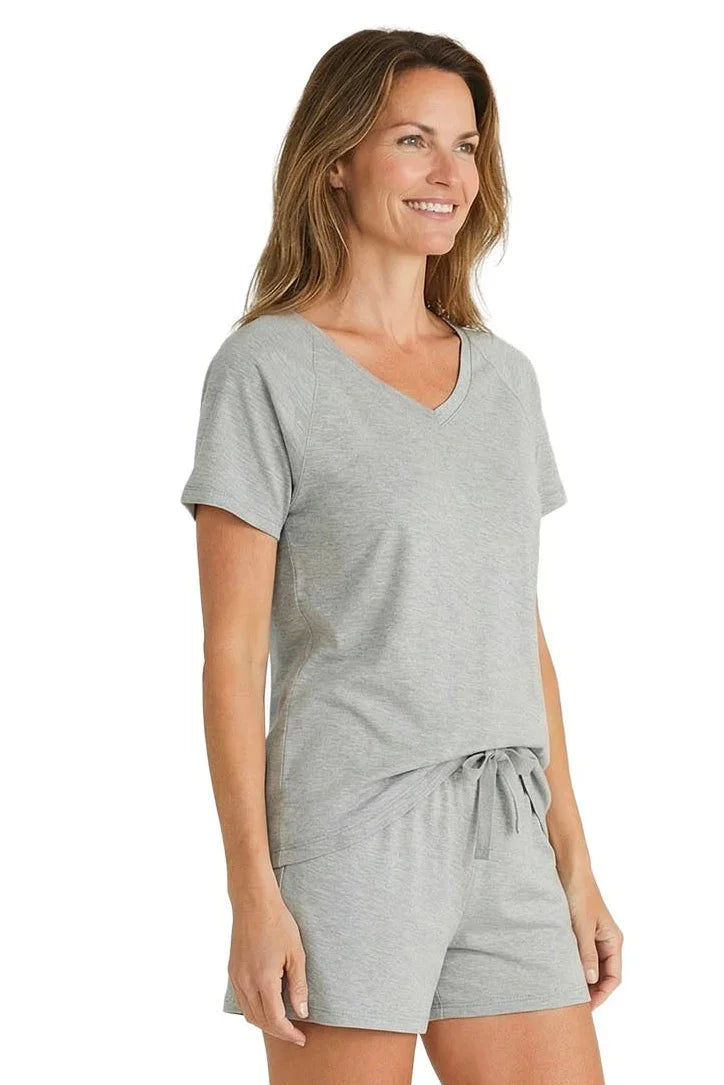 Woman wearing heather gray Pima cotton loungewear t-shirt and shorts set