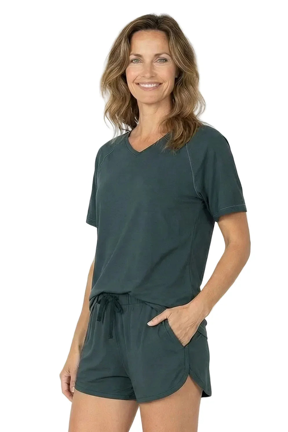 Woman wearing dark green Pima cotton loungewear sleepwear shorts and V-neck tee
