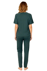 Woman wearing green Pima cotton loungewear set, short sleeve top and pants, back view