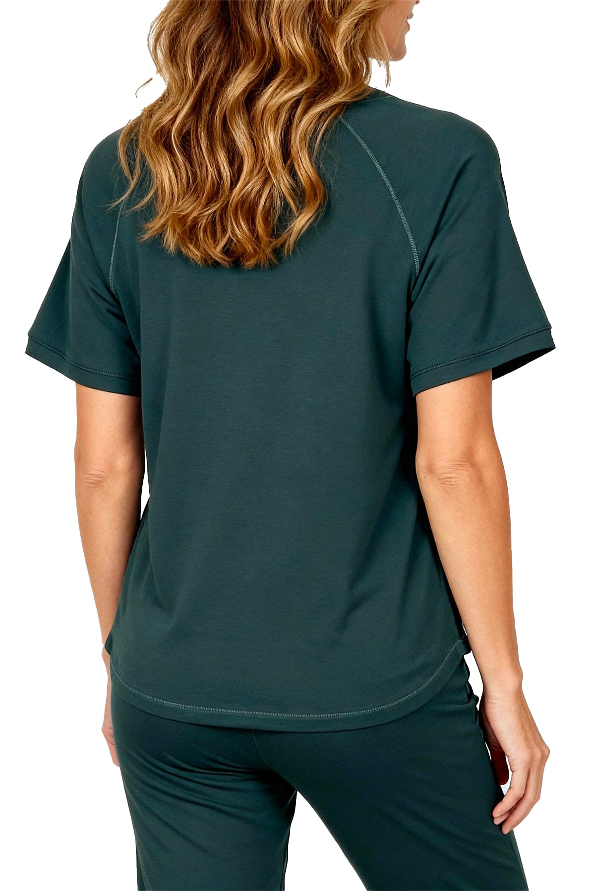 Rear view of woman wearing short sleeve spruce green activewear top and matching pants
