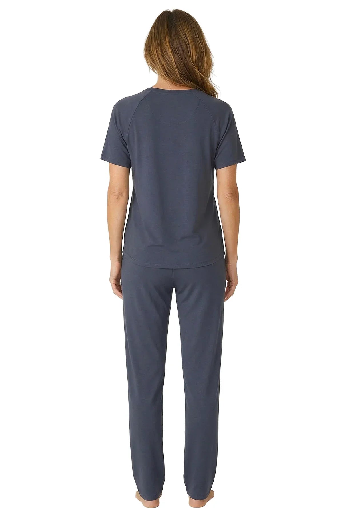Back view of woman in steel blue Pima cotton loungewear top and pants set