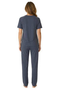 Back view of woman in steel blue Pima cotton loungewear top and pants set