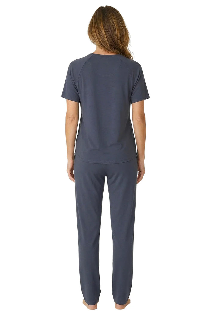 Back view of woman in steel blue Pima cotton loungewear top and pants set