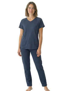 Woman in steel blue Pima cotton loungewear set with short sleeve tee and pants
