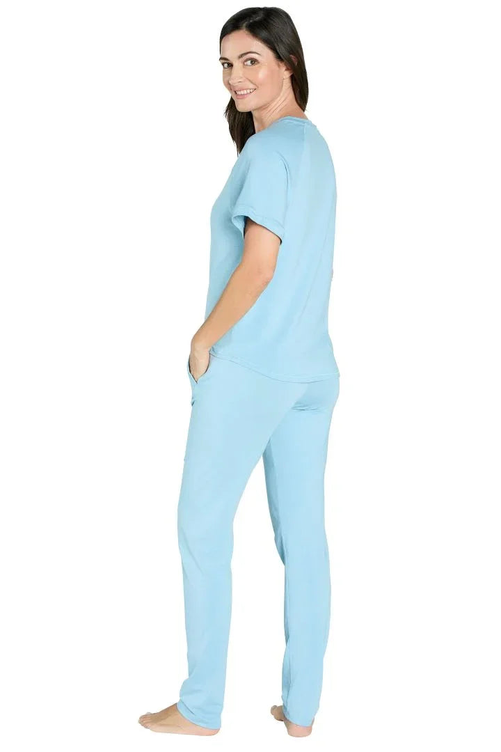 Woman wearing sky blue Pima cotton loungewear set, short sleeve top and pants