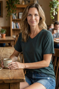 Woman in dark green short sleeve tee and denim shorts sitting at wooden table with coffee in cozy cafe