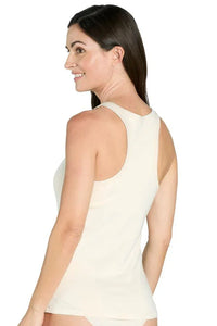 Woman wearing almond-colored Pima cotton racerback tank top and matching underwear