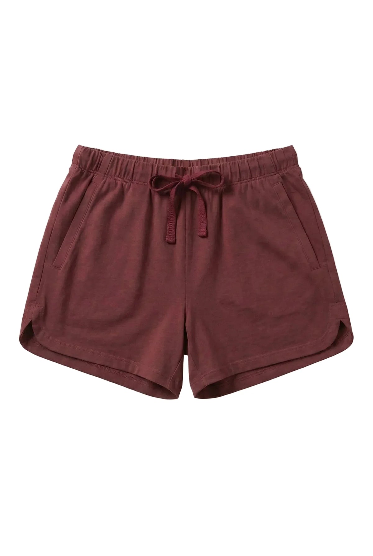 Bordeaux Pima cotton lounge shorts with drawstring waist and side pockets on white background