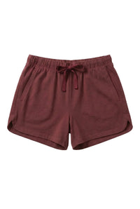 Bordeaux Pima cotton lounge shorts with drawstring waist and side pockets on white background