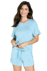 Woman wearing sky blue short sleeve loungewear sleepwear set with drawstring shorts