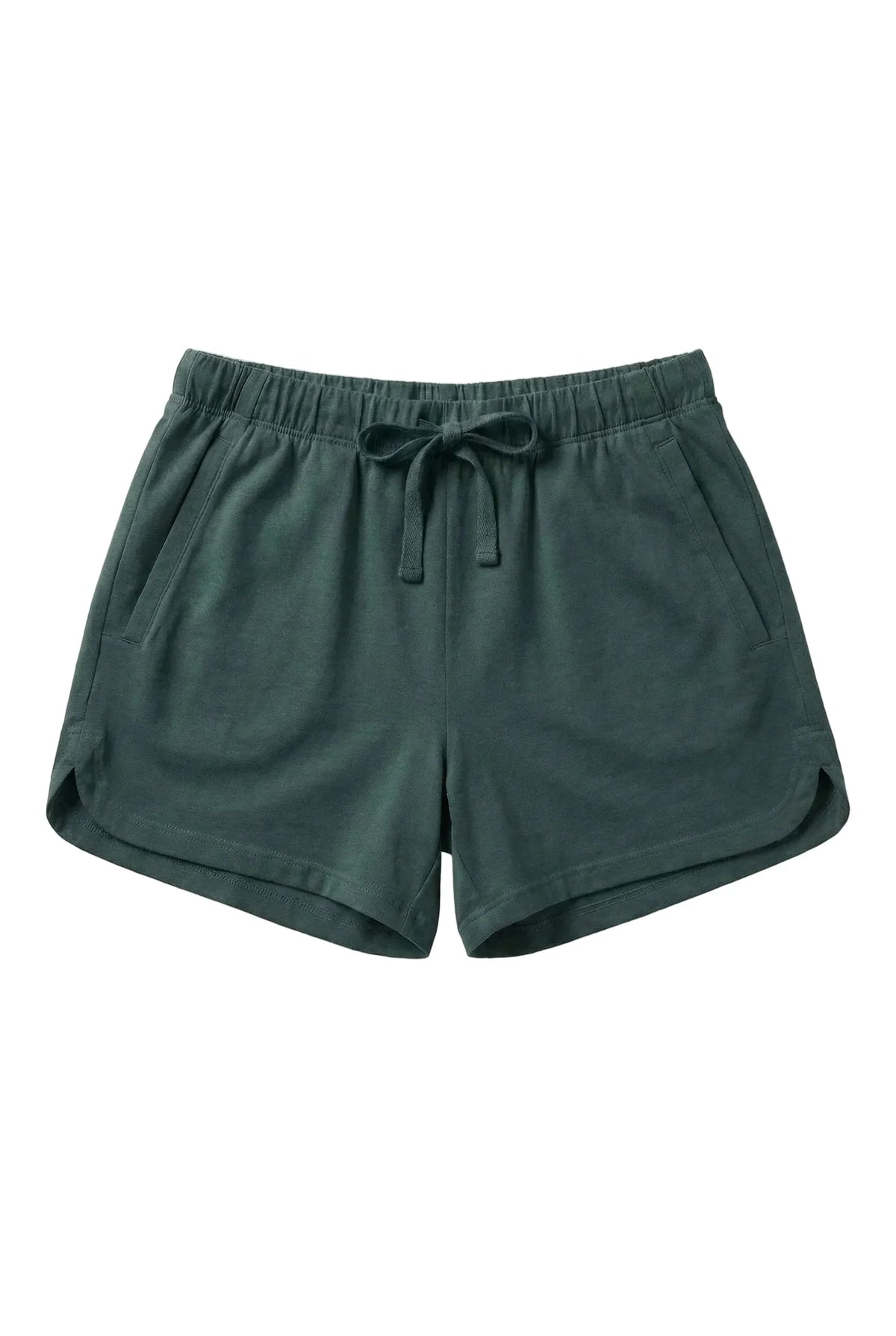 Dark green Pima cotton lounge shorts with elastic waistband and drawstring on white background
