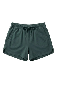 Dark green Pima cotton lounge shorts with elastic waistband and drawstring on white background