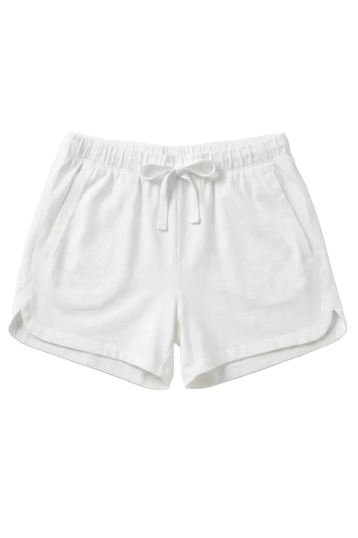White Pima cotton lounge shorts with drawstring waist and side pockets on a plain background