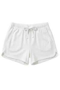 White Pima cotton lounge shorts with drawstring waist and side pockets on a plain background