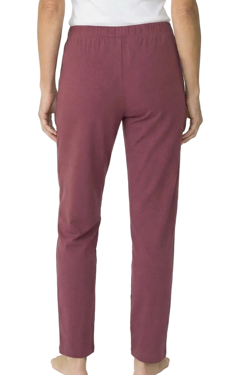 Back view of rosewood Pima cotton loungewear pants with elastic waistband