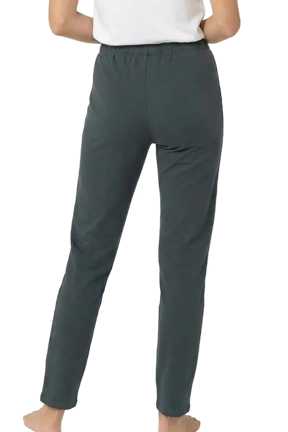 Back view of person wearing dark green Pima cotton lounge pants and white tee