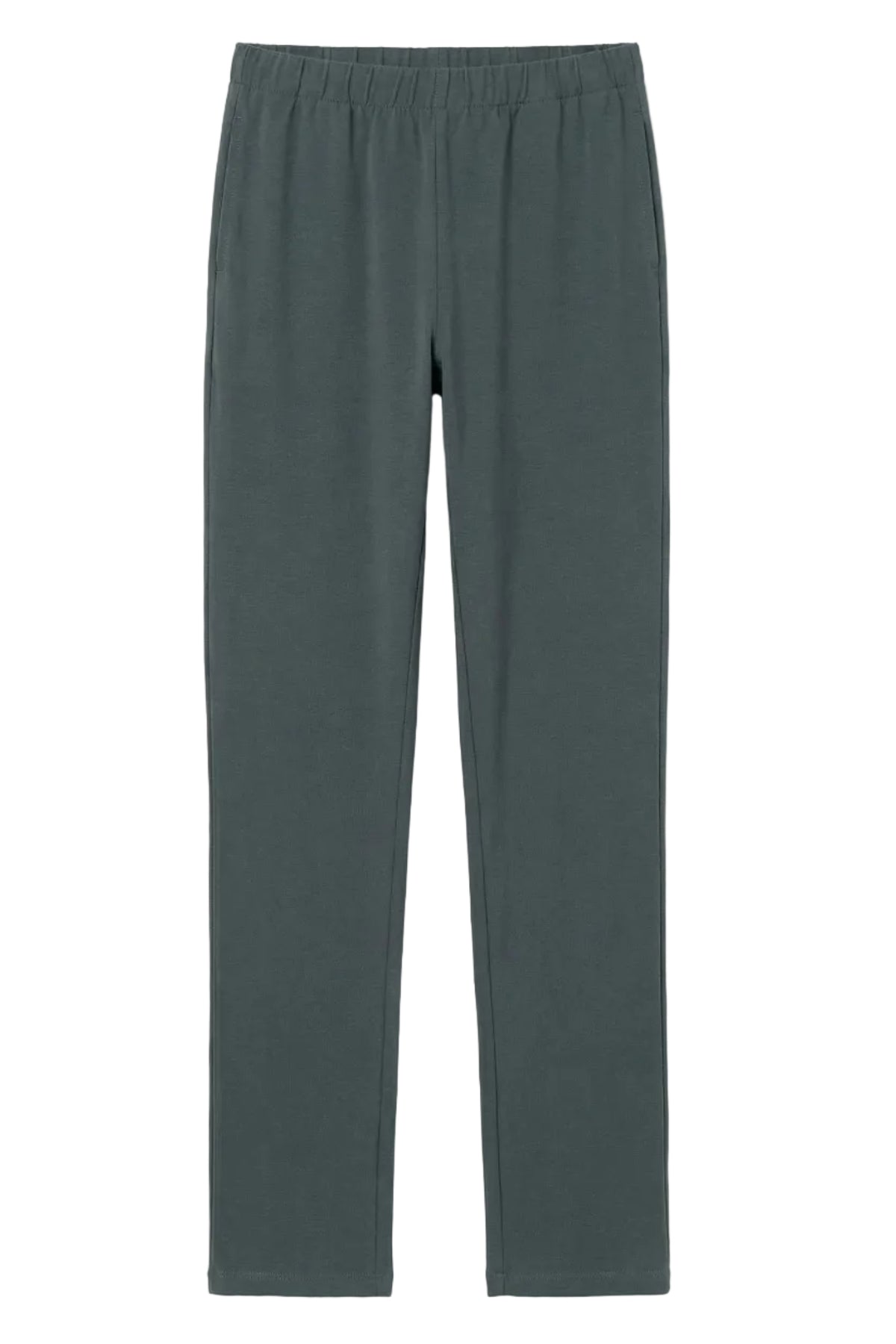 Dark green Pima cotton lounge pants with elastic waistband, relaxed fit, soft fabric