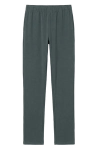 Dark green Pima cotton lounge pants with elastic waistband, relaxed fit, soft fabric