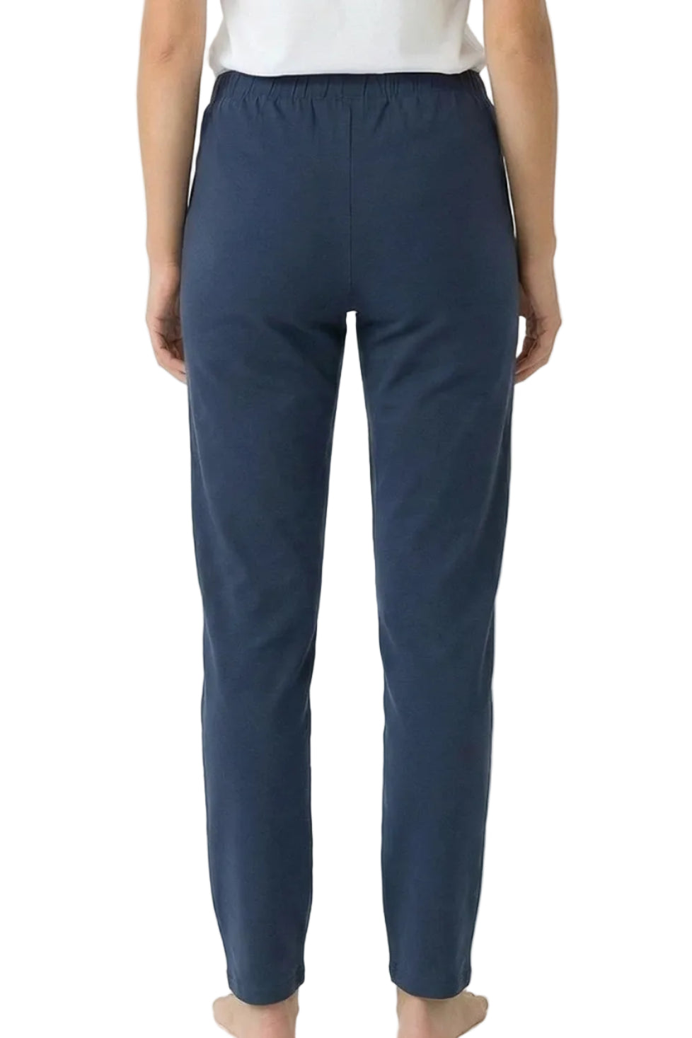 Back view of blue cotton lounge pants with elastic waistband on a person