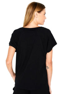Back view of woman wearing black Pima cotton loungewear sleep tee, short sleeves