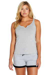 Woman wearing heather gray loungewear tank top and shorts set, front view, white background