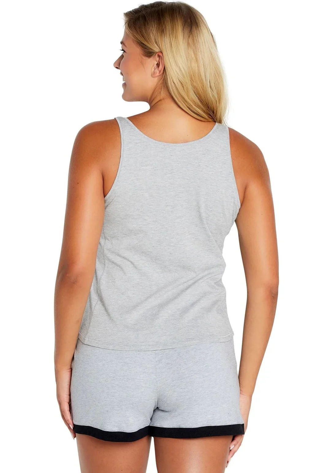 Woman wearing heather gray loungewear tank top and shorts set, back view