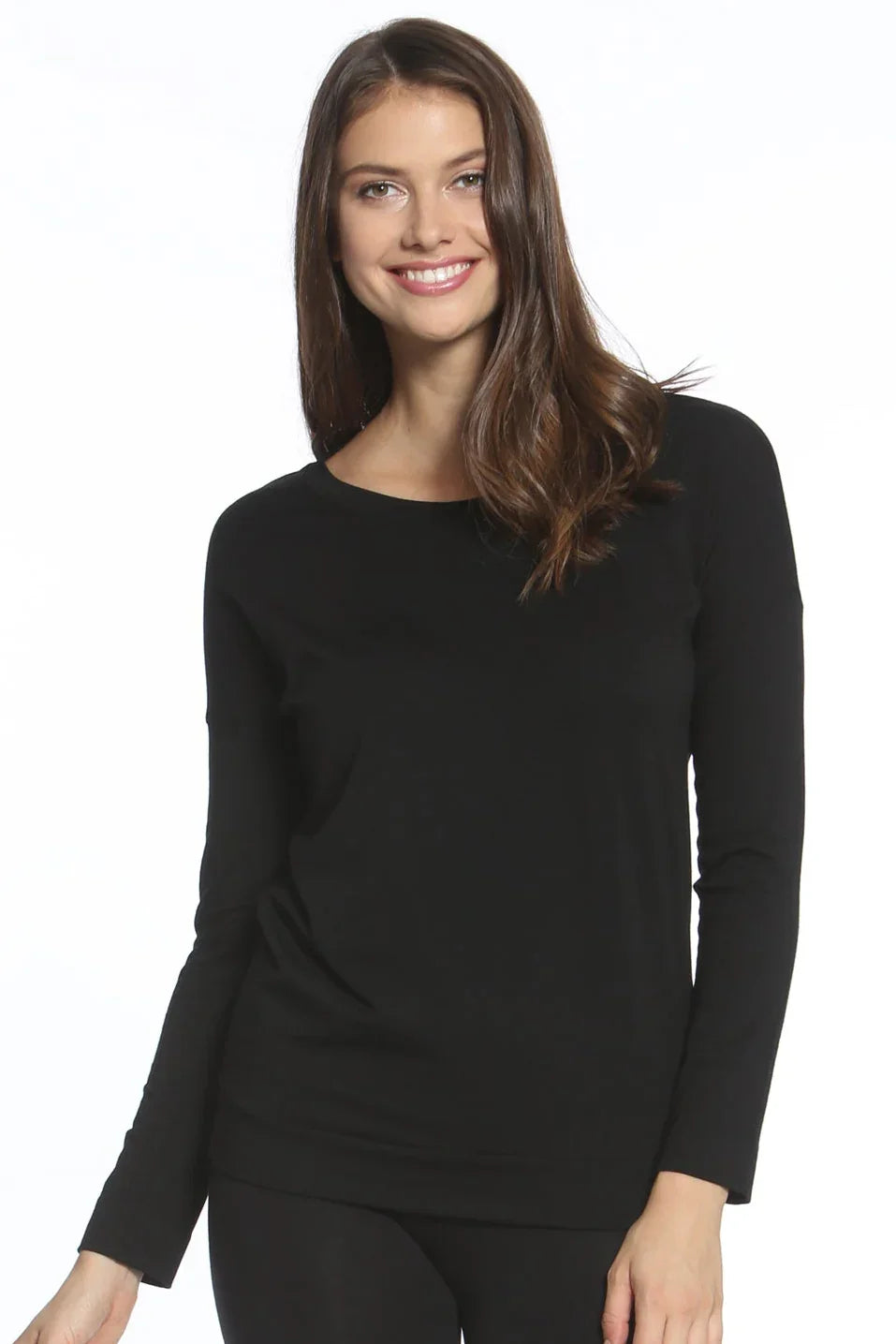 Woman wearing black long sleeve Pima cotton loungewear top against white background