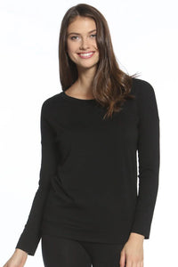 Woman wearing black long sleeve Pima cotton loungewear top against white background