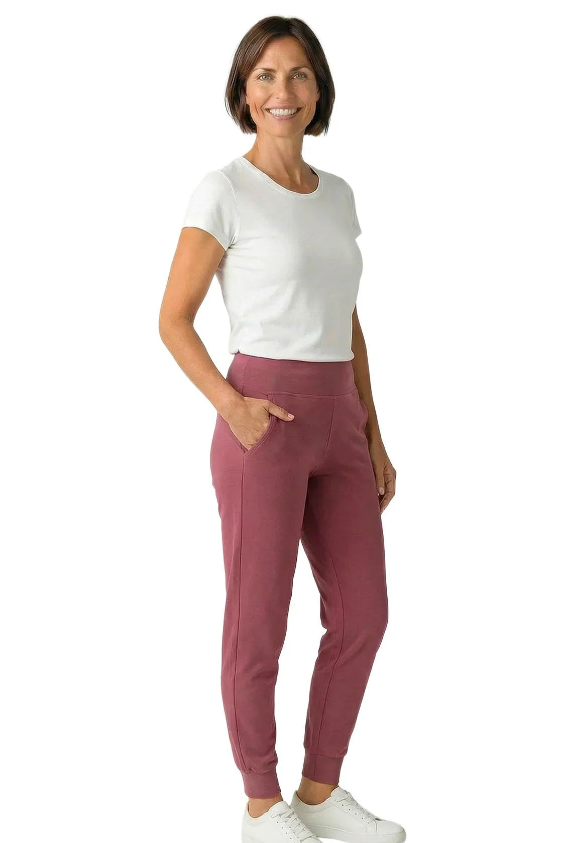 Woman wearing rosewood jogger pants and white t-shirt, casual loungewear style