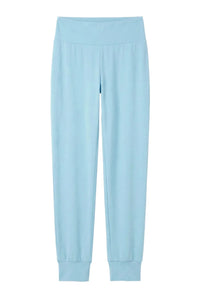 Sky blue lounge pants with wide waistband and cuffed ankles, soft Pima cotton sleepwear.