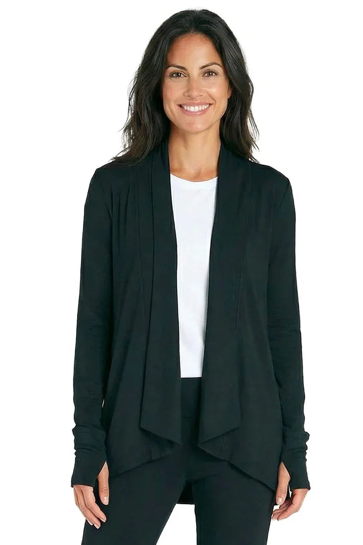 Woman wearing ultra-soft black open-front cardigan over white tee and black lounge pants