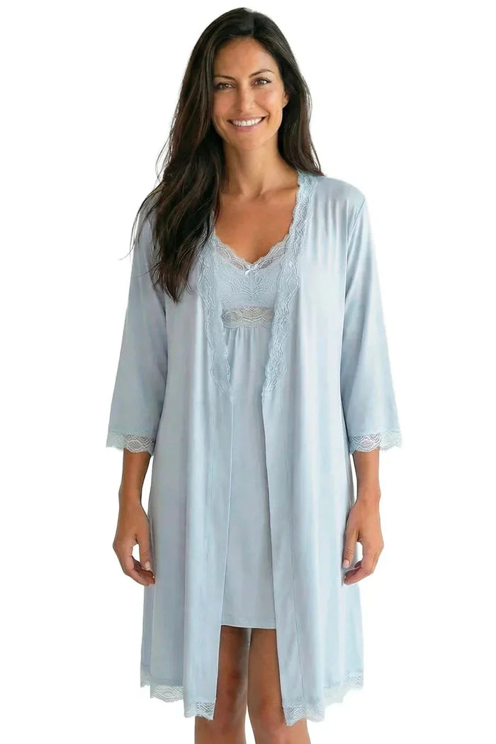Woman wearing light blue lace-trim nightgown and robe set, relaxed sleepwear look