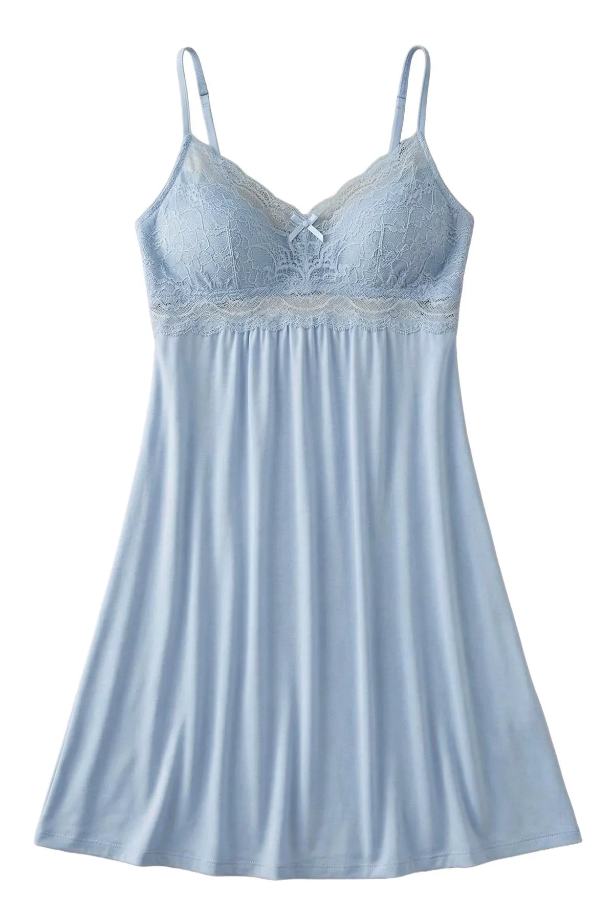 Light blue lace-trimmed sleepwear chemise with adjustable straps, soft Pima cotton fabric