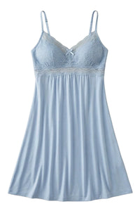 Light blue lace-trimmed sleepwear chemise with adjustable straps, soft Pima cotton fabric