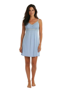 Woman modeling light blue sleeveless lace trim loungewear sleep dress on white background