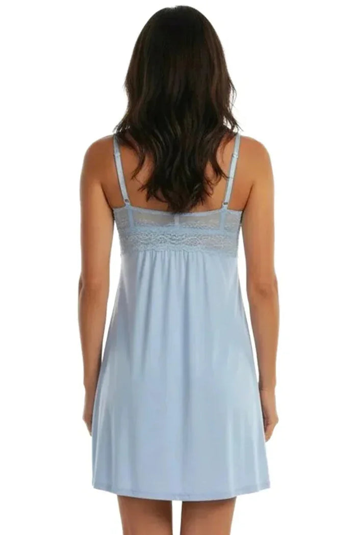 Woman wearing light blue lace trim sleeveless loungewear nightdress, back view