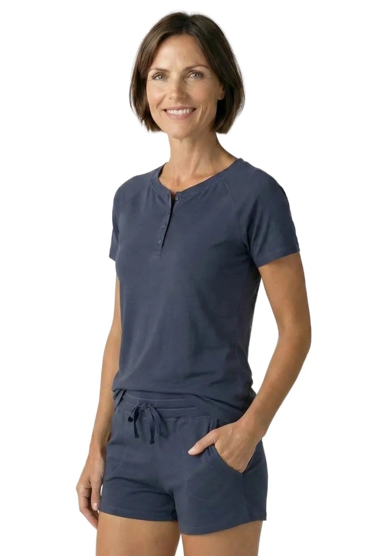Woman wearing navy blue Pima cotton short sleeve sleepwear tee and drawstring shorts