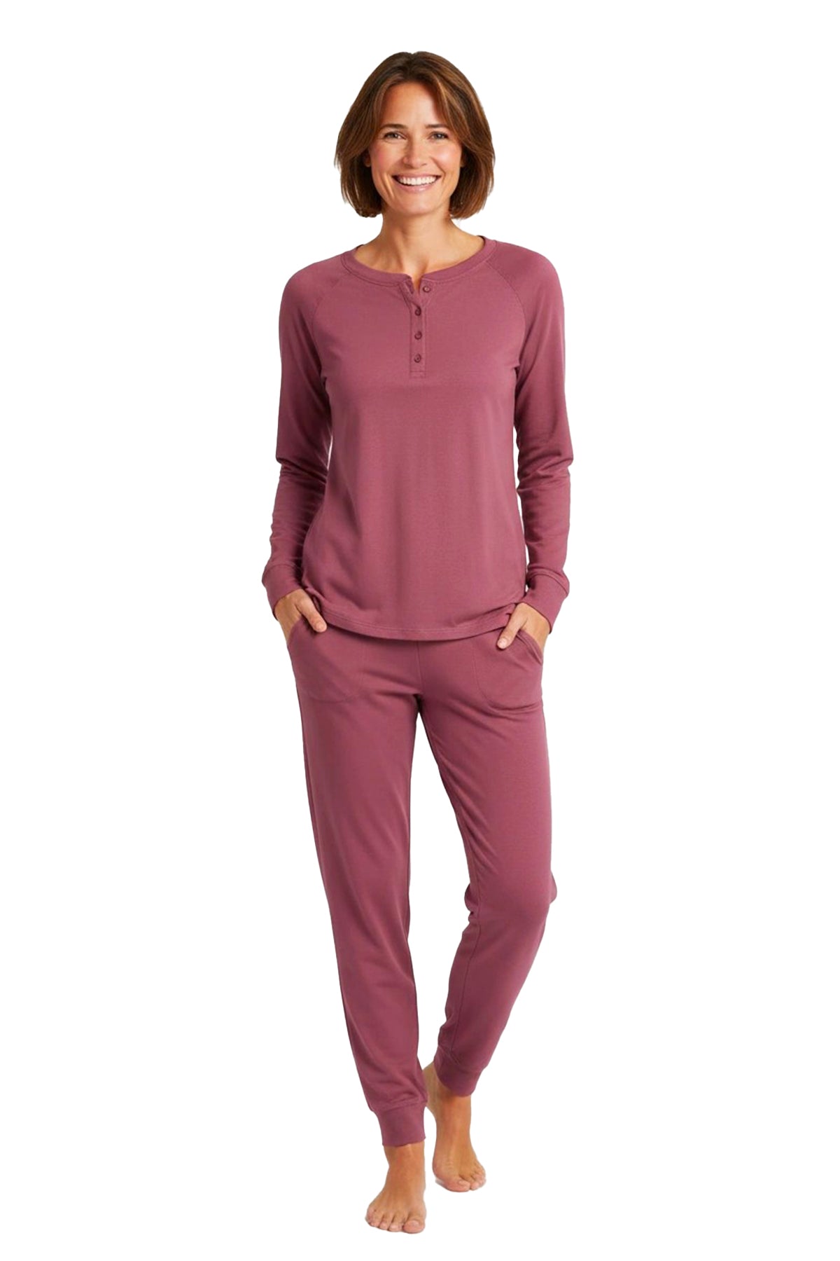 Woman wearing a long sleeve  rosewood loungewear set on a white background