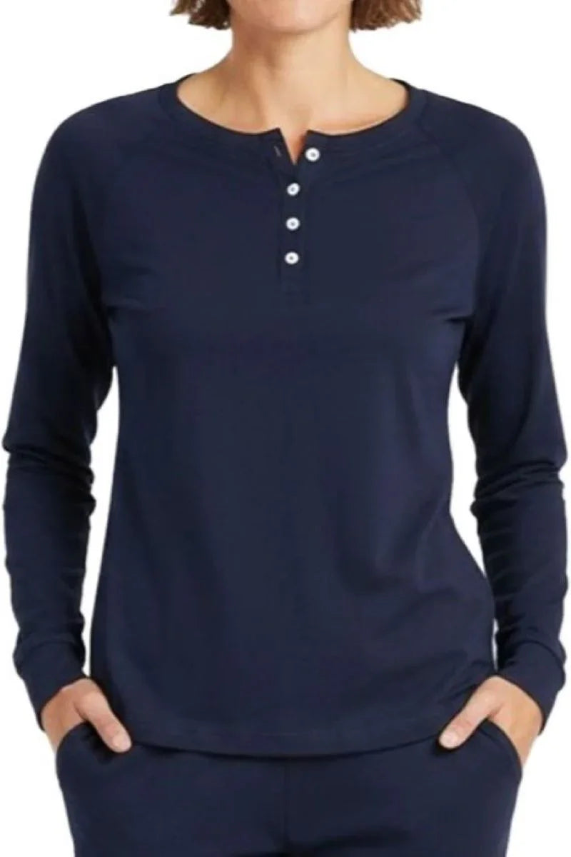 Midnight blue women's long sleeve loungewear top with button henley neckline