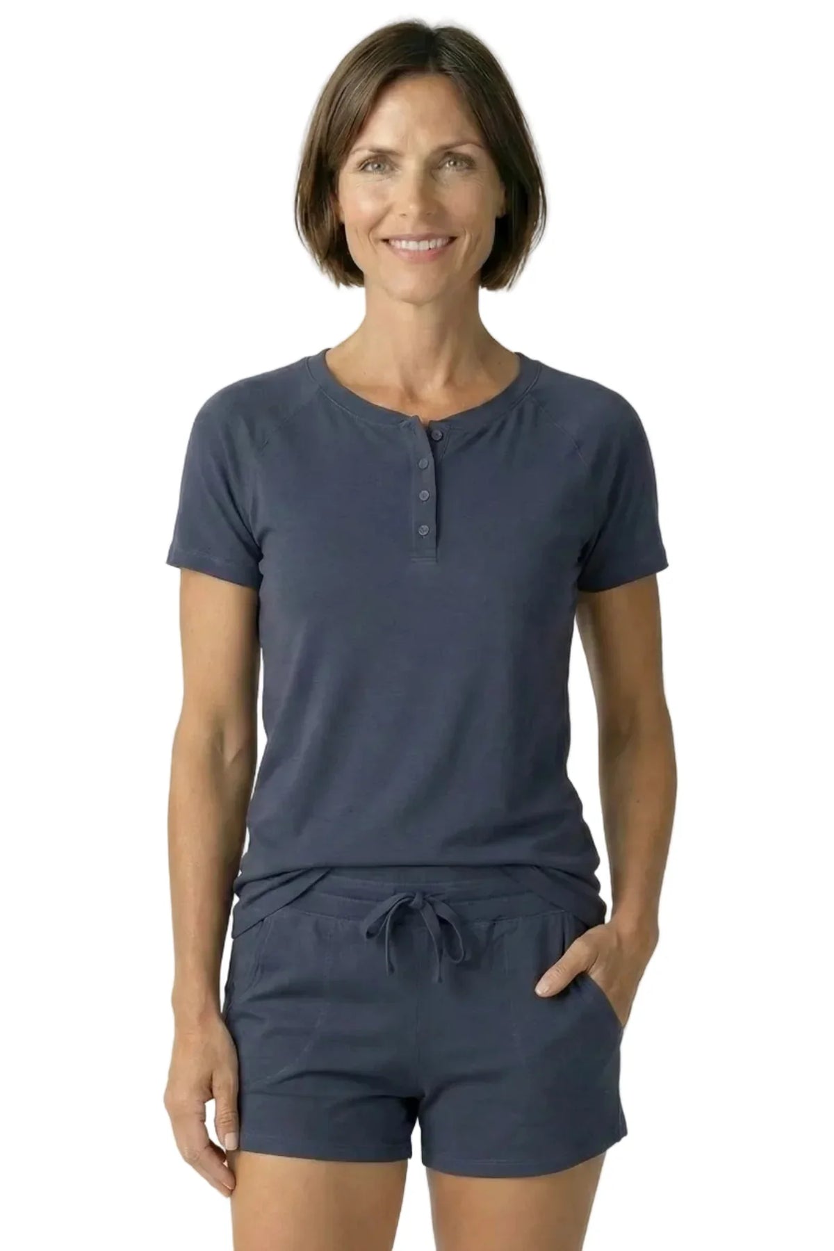 Woman wearing steel blue Pima cotton loungewear sleepwear set with short sleeves and shorts