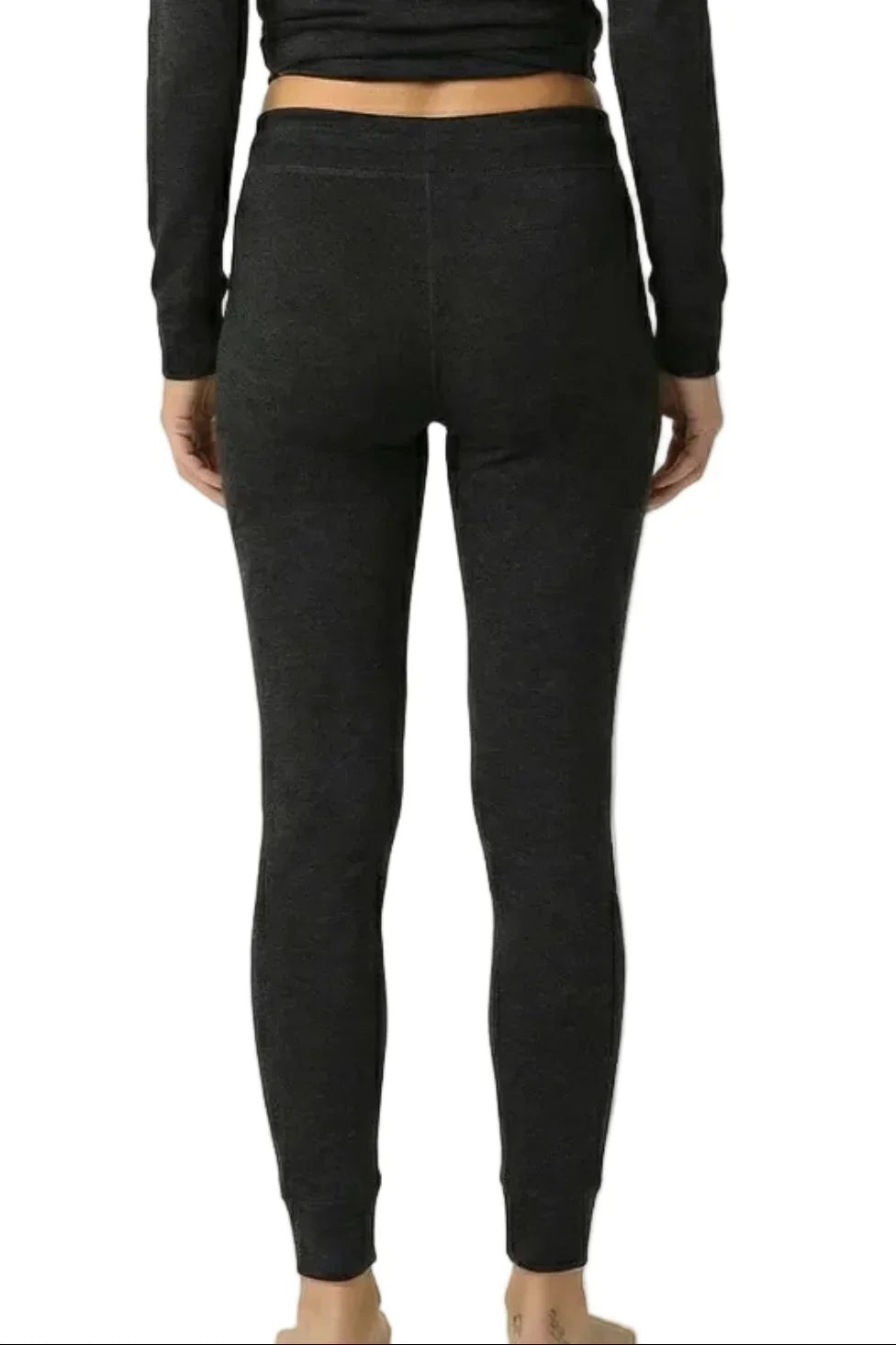 Back view of black women's loungewear leggings with elastic waistband and fitted cuffs