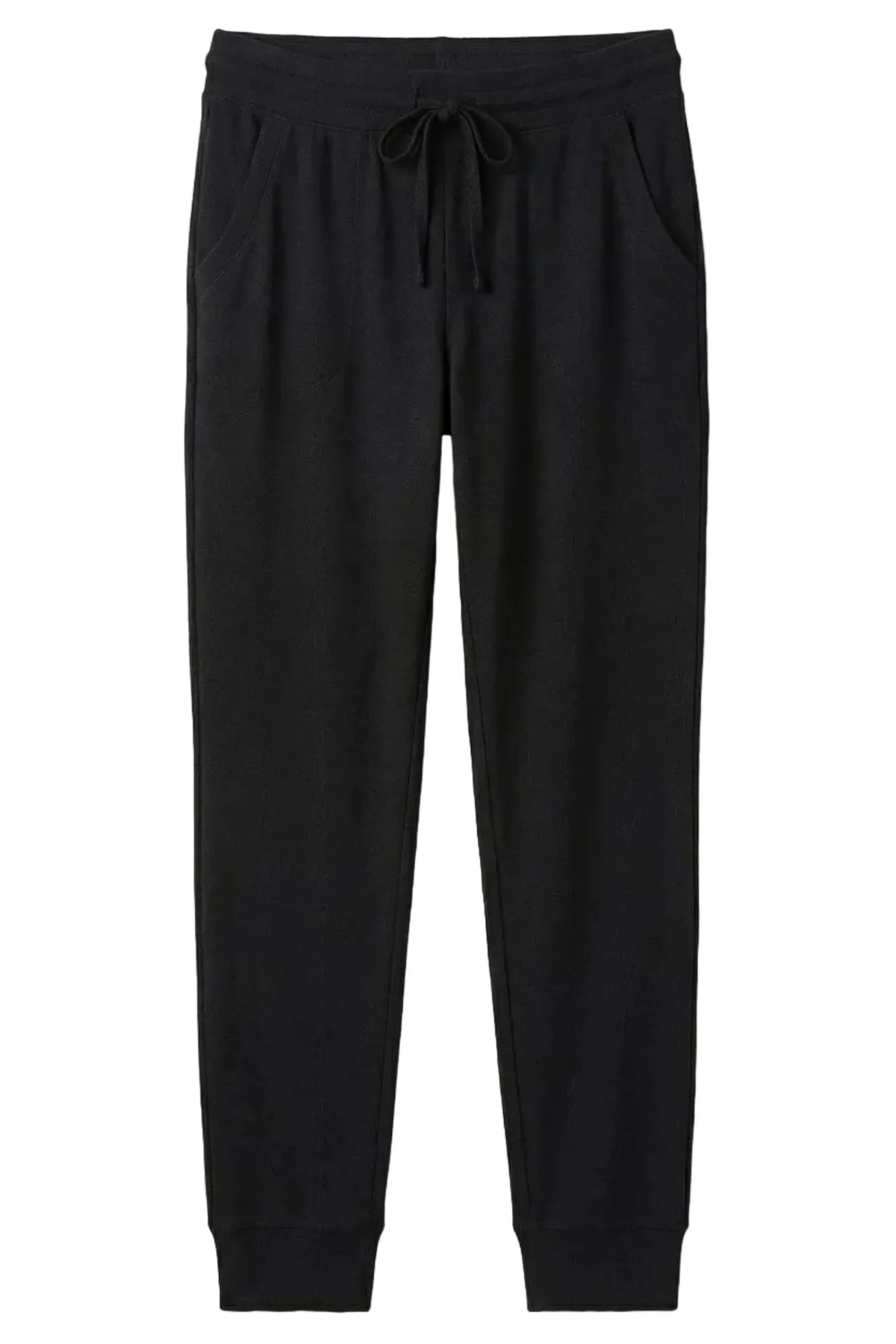Black Pima cotton jogger pants with drawstring waist and side pockets on white background